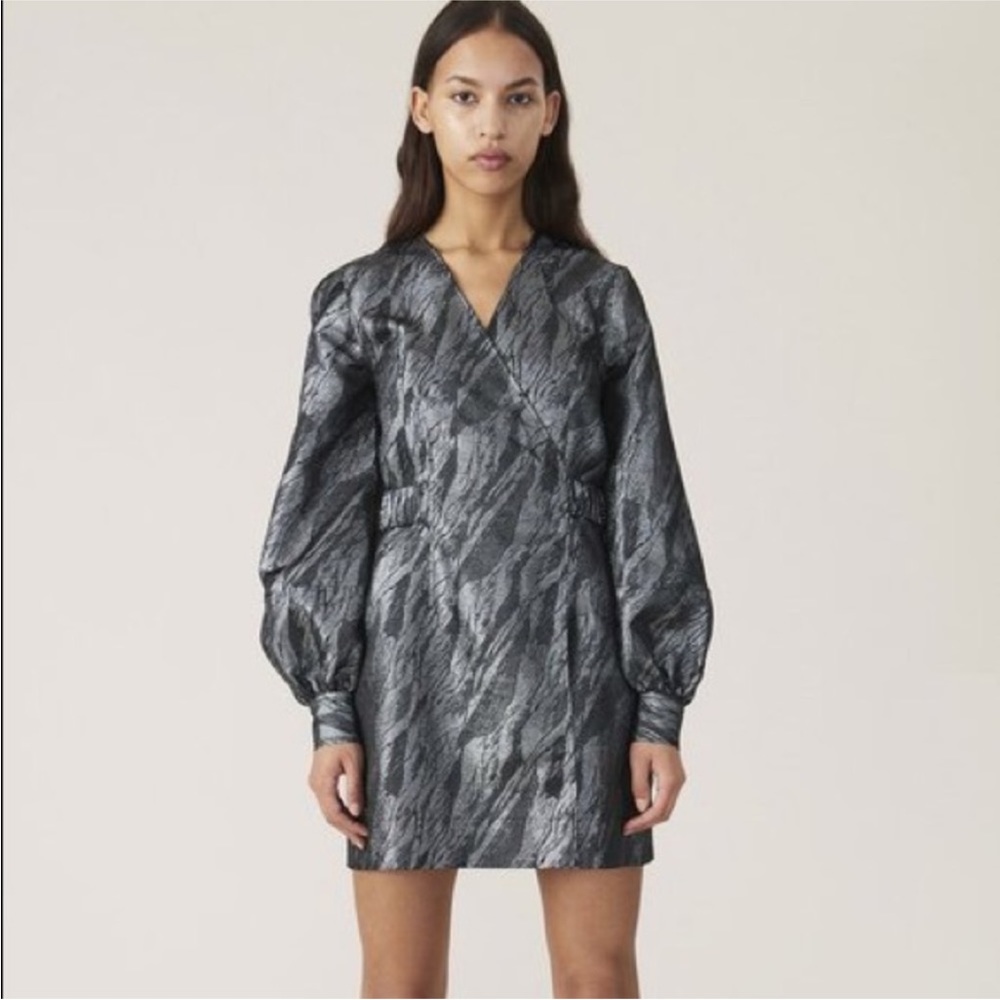 Ganni black / silver jacquard dress, long sleeve size 6